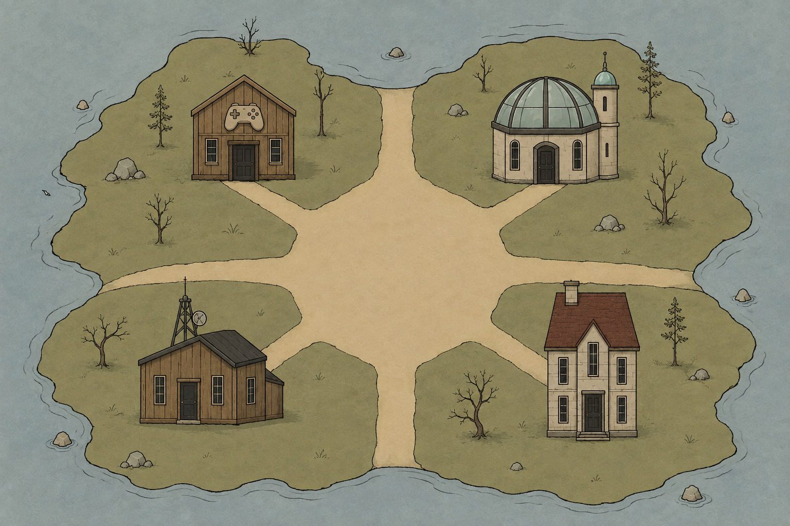 A monochrome hand-drawn island with flowing shorelines, quiet lake ripples, sparse trees and winding earth paths linking a wooden game pavilion, observatory, workshop and library